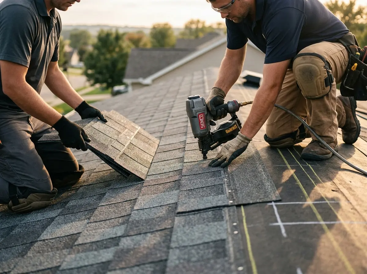 Professional roofer working on a residential roof in Scaggsville